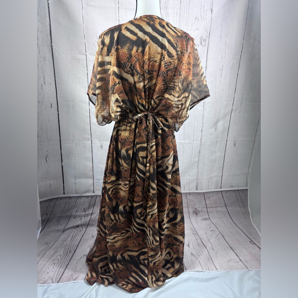 Maxi Dress Brown Animal Print Tiger Motifs V-neckline Flowing Kimono Sleeves - Picture 4 of 8